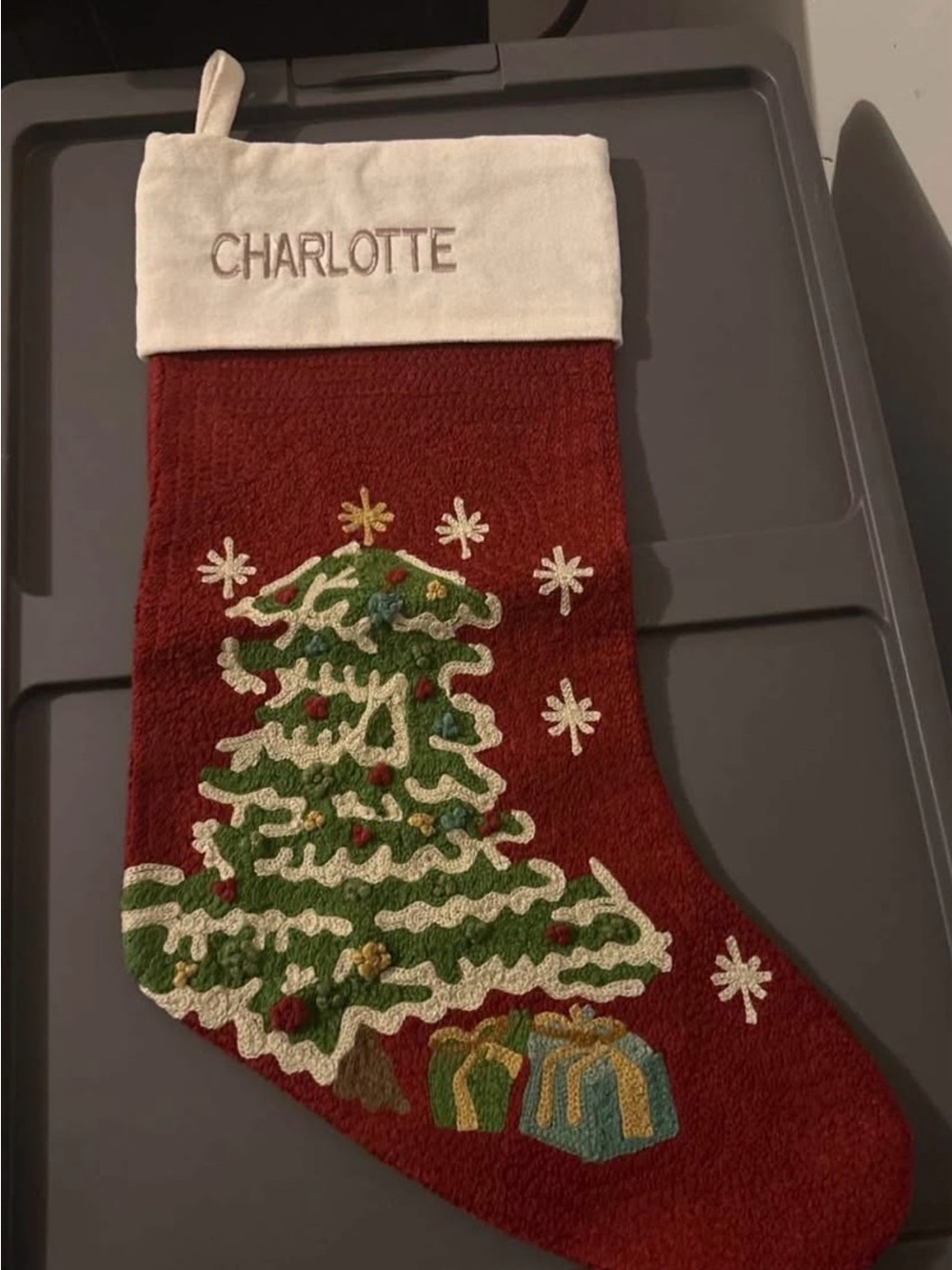 Pottery Barn Red and Cream Embroidered Christmas Stocking
